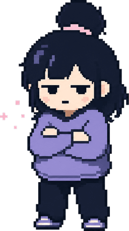 Pixel, the Grumpy Pixels mascot, arms crossed and unimpressed